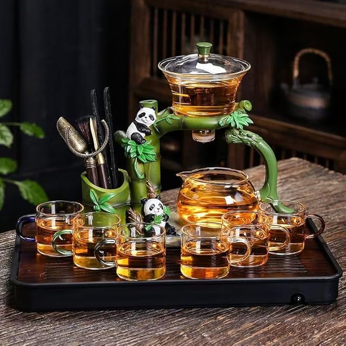 Tea Infuser Lazy Kungfu Magnetic TeaPot Semi-Automatic Drip Glass Teapots Panda Heat-Resistant Tea Maker Set(Iclude Six Gentlemen of Tea Set)