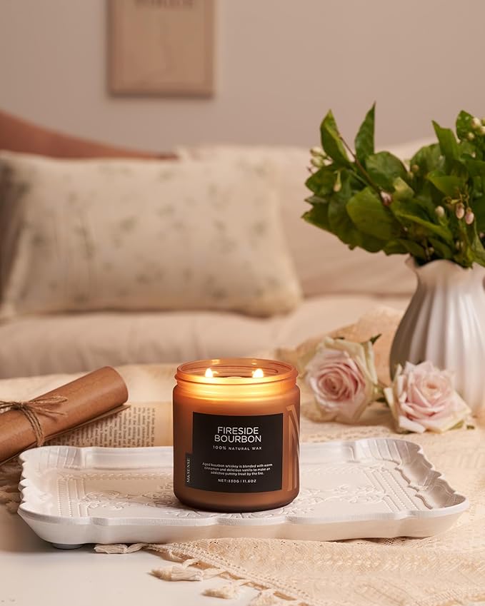 M&SENSE Fireside Bourbon Jar Candle, 11.6oz Clean Soy Wax Up to 70 Hours Burn Time Smoky Scent 2 Wick Cotton Fall Campfire Scented Candle for Home Decor Housewarming Gifts for Bathroom Office - Bloomnest