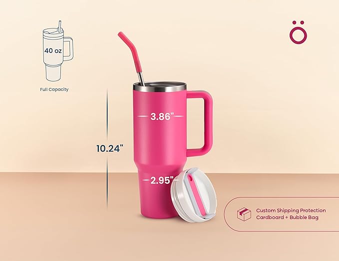 KooK Stainless Steel Tumbler, with Straw and Handle, Leakproof, Vacuum Insulated Travel Coffee Mug, Reusable Double Walled Water Bottle, Keeps Hot or Cold, 40 oz, Bubblegum Pink - Bloomnest