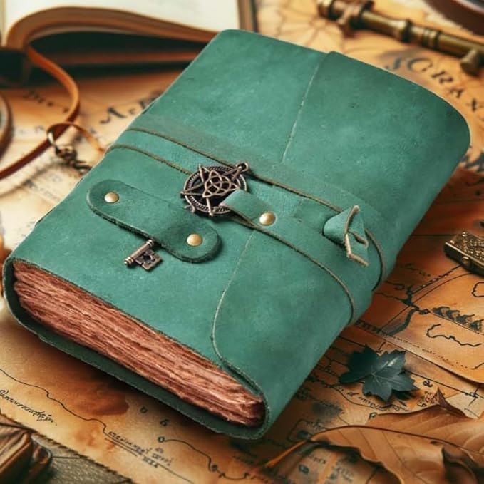 LEATHER VILLAGE Leather Bound Vintage Journal for Women & Men - 13"X8"(A4), Turquoise, 200 Pages of Handmade Deckle Edges Watercolor Paper - Antique Lock Closure - Book of Shadow - Bloomnest