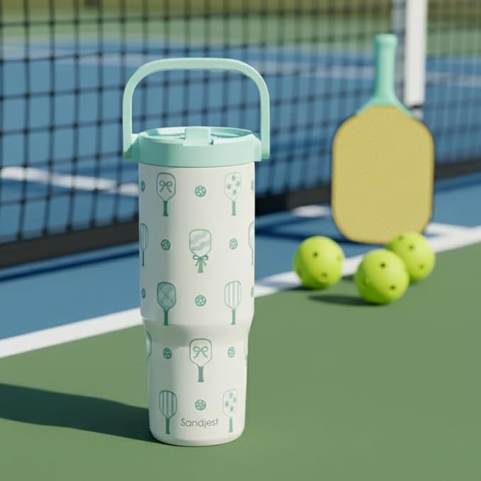 SANDJEST Pickleball Stainless Steel Straw Lid Tumbler 30oz with Carry Handle for Women Girls Adults, Insulated Travel Coffee Cup, Gift for Sports Outdoor Workout Christmas Birthday (Mint) - Bloomnest