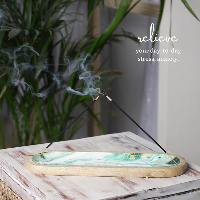 The Art Box Hand-Painted Incense Burner Holder Aquamarine - 12x4x1 inch Wooden Long Incense Stick Tray Holder for Modern Gift, Ash Catcher Incense Stick Holder - Meditation & Yoga - Bloomnest