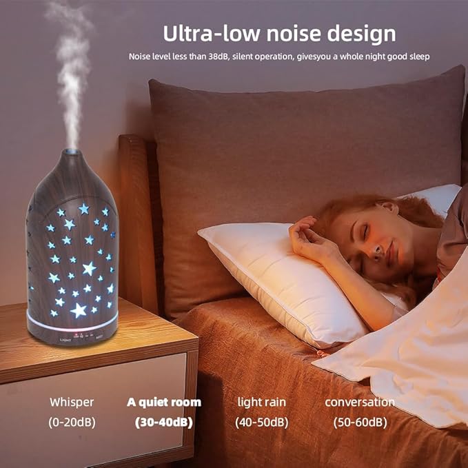 Aromatherapy Diffusers,7.1''x3.5''Diffuser with 3 Essential Oil Set,Small 200ml Office Desk Humidifier with 7 LED Colors Night Lights,Waterless Auto-Off for Home Decor Gift (Star Dark Wood Grain) - Bloomnest