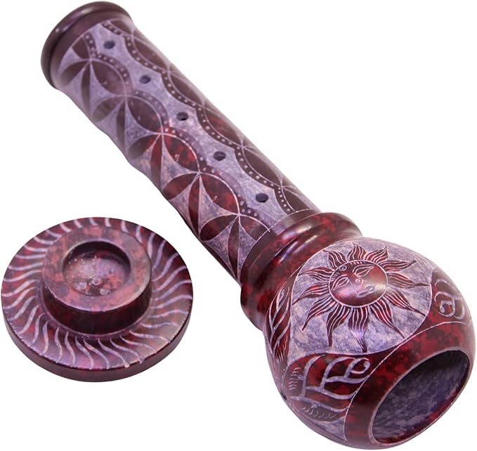 Marble Handmade Soapstone Red Incense Stick Holder | Candle Burner | Tea Light Holder - Round Jaali Carving for Gifting. Decorative Home and Office Decor - (2.5 x 2.5 x 10 Inches) - Bloomnest