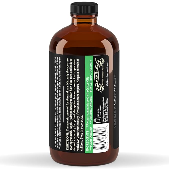 BALM OF GILEAD Organic Castor Oil for Skin Hydration - Therapeutic Cold Pressed, USDA Certified 100% Pure, Glass Bottle - 16 oz Unrefined, Hexane Free, Castor Oil for Hair & Eyelashes Growth - Bloomnest
