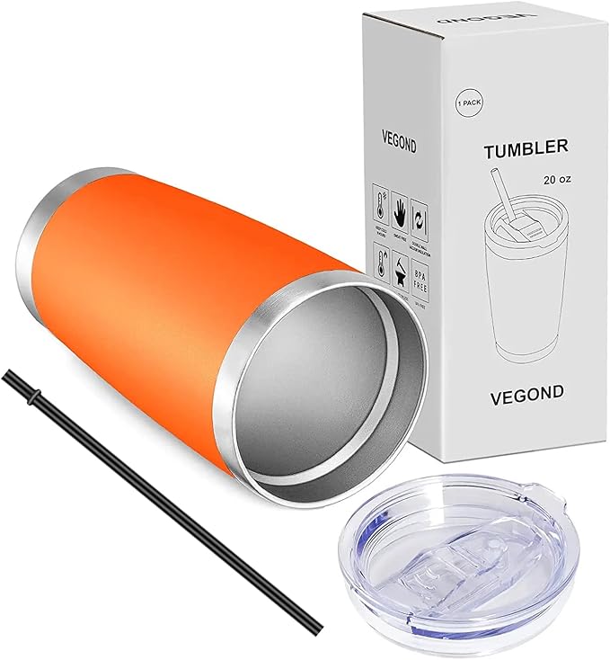 VEGOND 20oz Tumbler with Lid and Straw Stainless Steel Tumbler Cup Vacuum Insulated Double Wall Travel Coffee Mug Powder Coated Coffee Cup(Orange 1 Pack) - Bloomnest