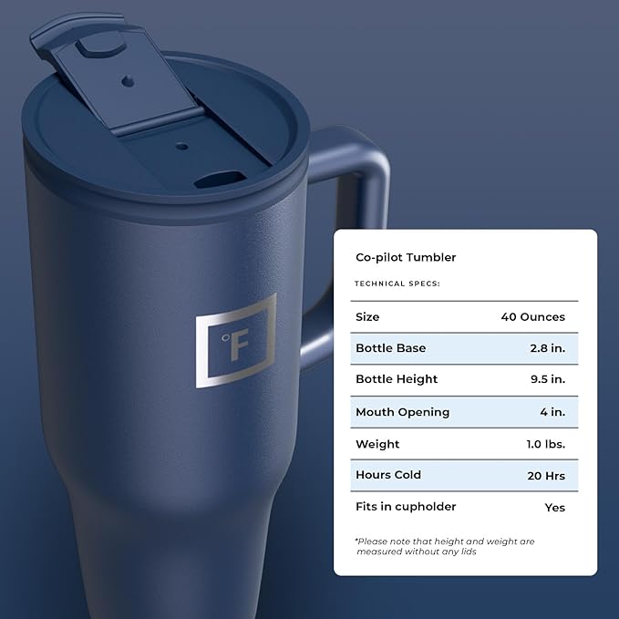 IRON °FLASK Co-Pilot Insulated Mug w/Straw & Flip Cap Lids - Cup Holder Bottle for Hot, Cold Drink - Leak-Proof - Water, Coffee Portable Travel Mug - Twilight Blue, 40 Oz - Bloomnest
