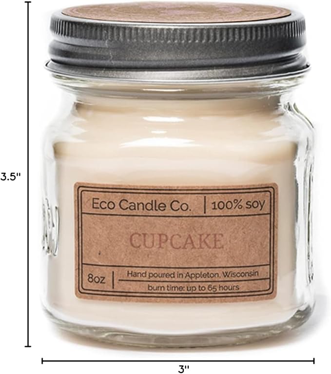 Eco Candle Co. Mason Jar Candle, Cupcake, 8 oz. - Scents of Yellow Cake & Icing - 100% Soy Wax, No Lead, Kraft Label & Antiqued Pewter Lid, Hand Poured, Made from Midwest Grown Soybeans - Bloomnest