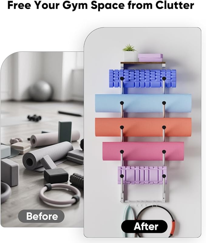 5 Tiers Yoga Mat Holder Rack Wall Mount with 6 Hooks for Hanging Accessory Yoga Strap Foam Rollers Resistance Bands, Yoga Mats Organizer with Floating Shelf for Home Gym Storage Fitness
