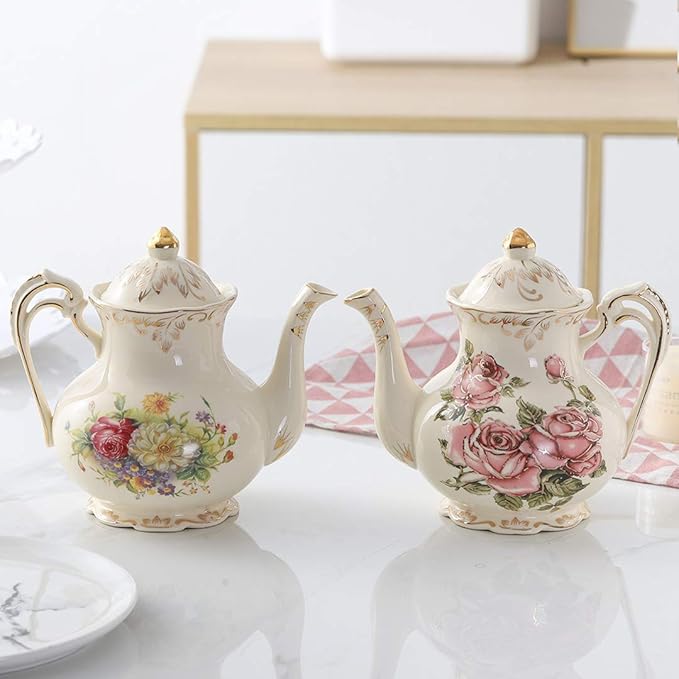 YOLIFE Flowering Shrubs Teapot, 25 oz/ 3 Cup Vintage Ivory Ceramic Tea Pot, Ivory Floral Teapot with Gold Trim - Bloomnest