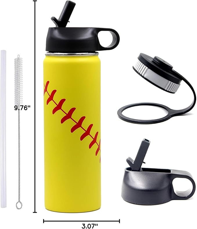 22 oz Softball Water Bottle, Wide Mouth Sports Flask Metal Travel Tumbler with 2 Lids, Stainless Steel Double Wall Vacuum Insulated Leak Proof Thermo Water Bottles, Softball Stuff Gifts for Mom Girls - Bloomnest