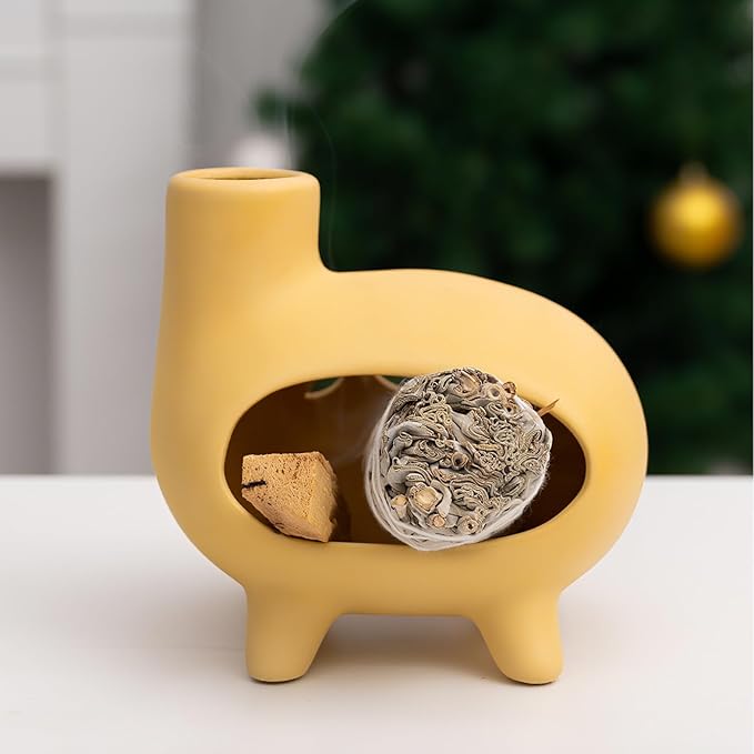 Elegant Handcrafted Ceramic Palo Santo Burner-Yellow Terracotta Footed Incense Holder for Meditation,Compatible with Wood Sticks,Sage,Ash&Cones-Mini Aromatic Home Altar with Chimney Design - Bloomnest