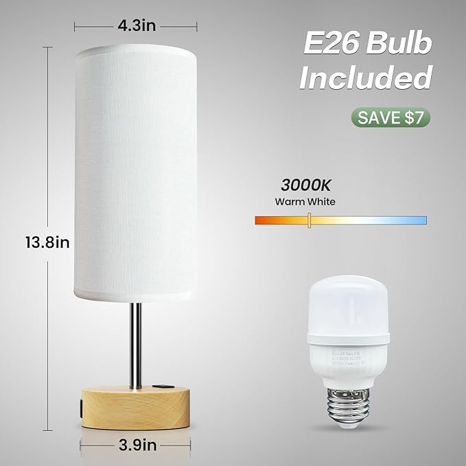 KPQ Small Bedside Lamp Touch Control Table Lamp with USB A+C Charging Ports & AC Outlet 3-Way Dimmable Nightstand Lamp with Linen Fabric Shade for Bedroom Living Room - Bloomnest
