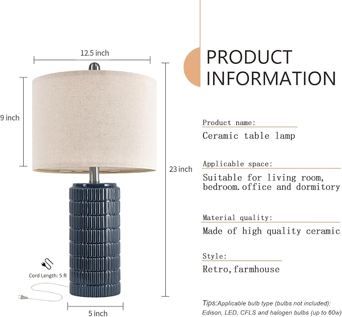 PoKat 23" Blue Table Lamps, Farmhouse Bedside Lamps for Bedroom Set of 2, Ceramic End Table Lamps for Living Room, Traditional Nightstand Desk Lamps, Medium - Bloomnest