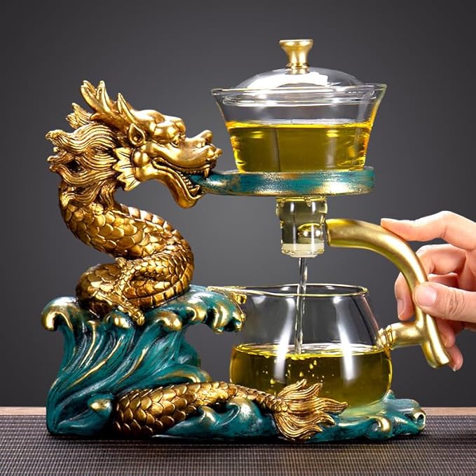 Dragon Lazy Tea Set, Semi Automatic Dragon Tea Set, Glass Magnetic Teapot Set with Infuser, Semi Automatic Tea Drip Pot Set for father's birthday, Christmas gift