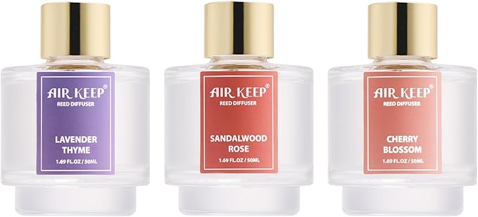 Airkeep Reed Diffuser Set of 3, Lavender Thyme Sandalwood Rose Cherry Blossom Oil Reed Diffusers for Bedroom Living Room Office Aromatherapy Oil Reed Diffuser for Gift 50ml x 3 - Bloomnest