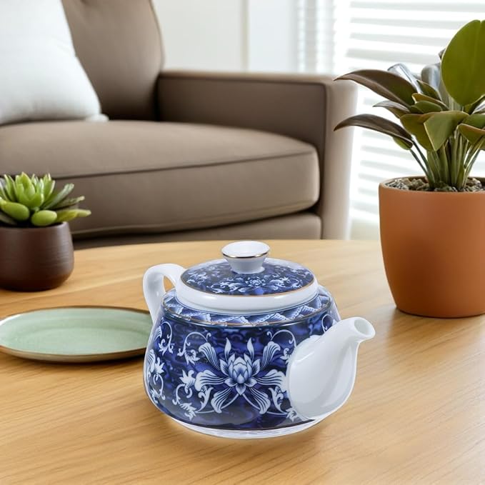 Alipis Porcelain Teapot, Blue and White Tea Pot Chinoiserie Chinese Teapot With Strainer Hole Vintage Flower Coffee Pot Pitcher For Kung Fu Tea Loose Leaf Blooming Tea, 14X7.3CM - Bloomnest