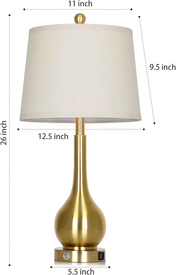 26" Gold Table Lamps Set of 2 for Living Room, Touch Control Bedroom Lamps for Nightstand, 3-Way Dimmable Bedside Lamp with USB A+C Port (2 LED Bulbs Included) - Bloomnest