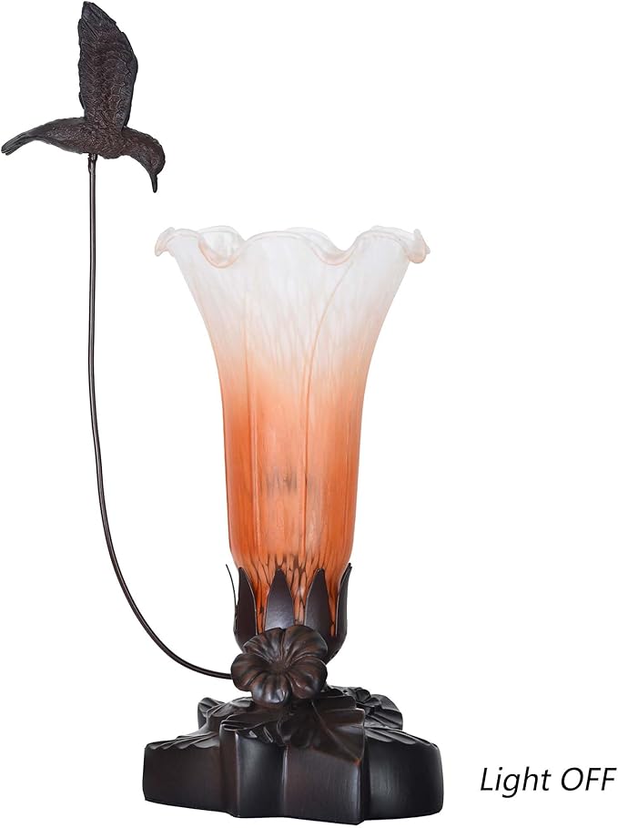 Bieye LL01 Hummingbird Flying Over Lily Flower Blown Glass Table Lamp for Home Decor (Orange White, 4.25Wx12H)