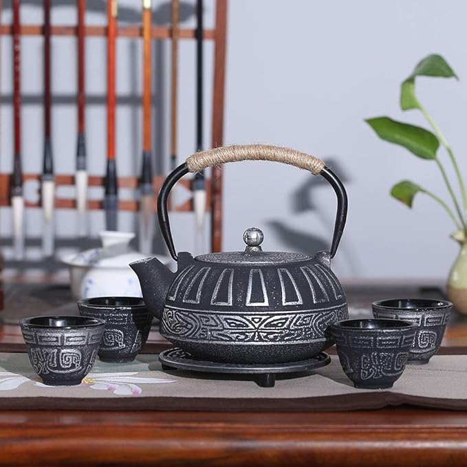 Cast Iron Teapot Set Japanese Style Tea Kettle with Infuser, Enameled Interior Cast Iron Tea Pot with 4 Teacup for Stove Top, Handmade Gift for Friend (28 Ounce, Black) - Bloomnest