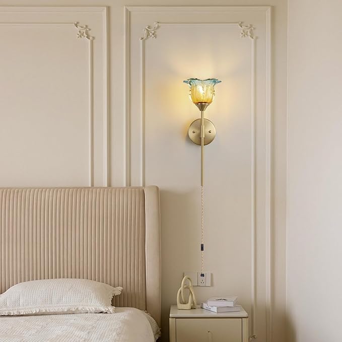 2 Pack Plug in Gold Wall Sconce with Modern Flower Glass Shades, Modern Mid Century Bathroom Vanity Wall Light Fixtures, Industrial Brushed Brass Wall Lamp, for Bedroom Mirror Living Room - Bloomnest