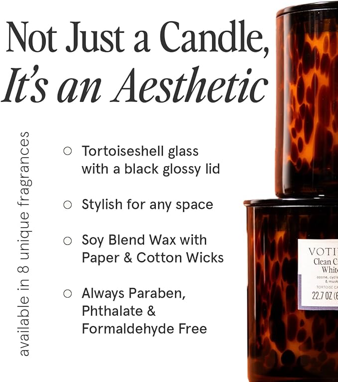 Votivo Clean Crisp White Tortoise Scented Candle | 22.7 oz Soy Wax Blend | Luxurious Cotton Scent | Decorative Home Decor Tortoiseshell Pattern | 100 Hour Burn Time - Bloomnest