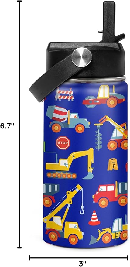 Kids Water Bottle with Straw Construction Insulated Water Bottles 12oz Stainless Steel Travel School Tumbler Double Wall Vacuum Cup for Boys Kid - Bloomnest