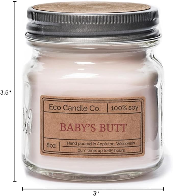 ECO CANDLE CO. Mason Jar Candle, Baby's Butt, 8 oz. - Scents of Lavender, Baby Powder, & Vanilla - 100% Soy Wax, No Lead, Kraft Label & Antiqued Pewter Lid, Hand Poured, Midwest Grown Soybeans - Bloomnest