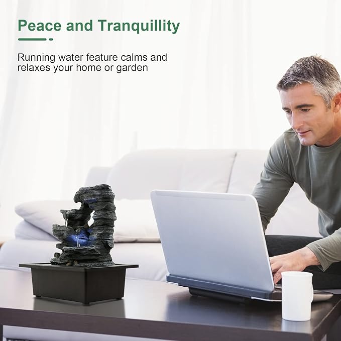 Indoor Fountain - Elegant Resin Design with Natural Rock-Like Texture for Home Office Decor Relaxation, Desktop Fountain with Soothing LED Light, 9.06''x6.89''x10.24'' Indoor Waterfall Feature