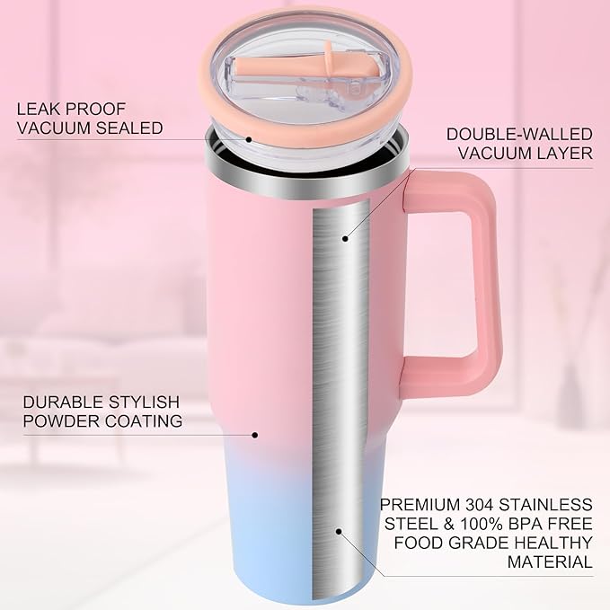 40 oz Tumbler with Handle and Flip Straw Lid, Vacuum Insulated Leak Proof Double Walled Stainless Steel Travel Mug Tumblers, Maintains Cold Ice and Heat for Hours(Pink Blue Gradient) - Bloomnest