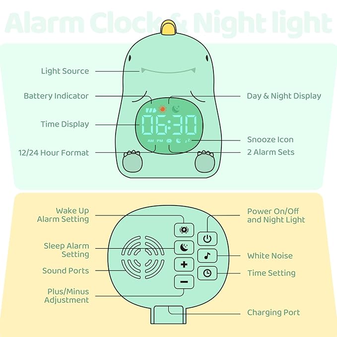 Dinosaurs Alarm Clock with Night Light for Kids with Sleep Training and Sound Machine, Rechargeable Silicone Lamp OK to Wake Clock,Cute Animal Tabletop Lamp, Perfect Sleep Companion for Boys Girls - Bloomnest