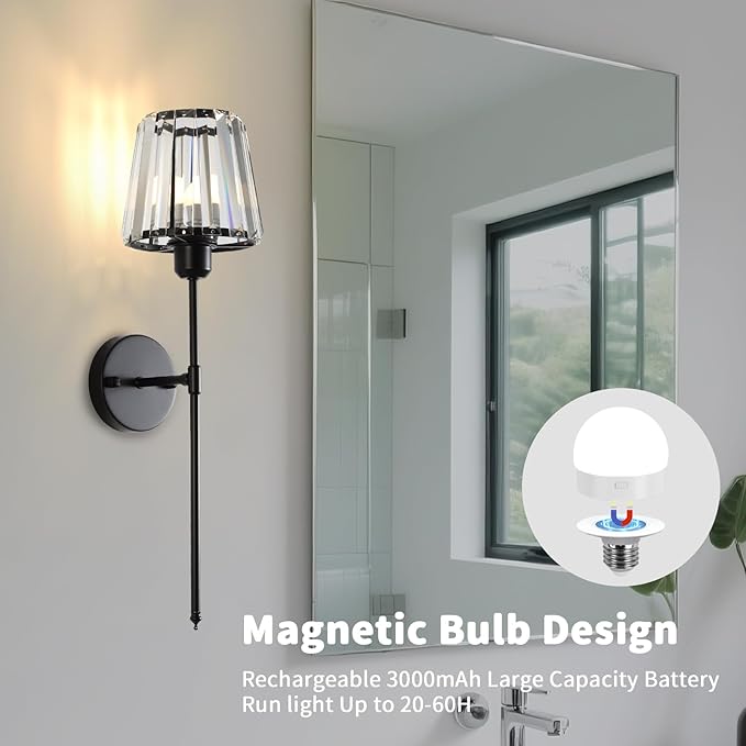 Battery Operated Crystal Wall Sconce Set of 2, Matte Black Wireless Wall Light with Remote Control, LED Dimmable 15 Colors USB Rechargeable Light Bulbs Wall Lamp for Bedroom Living Room Hallway - Bloomnest