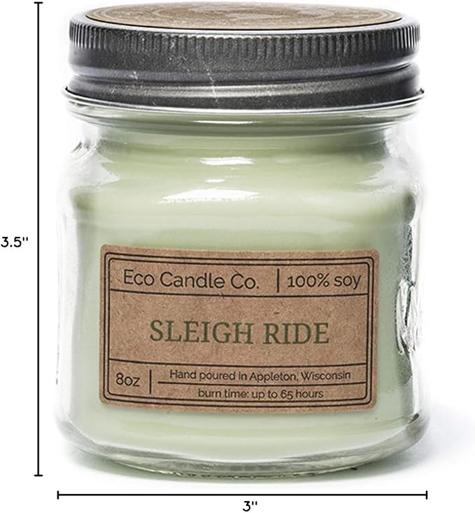 ECO CANDLE CO. Mason Jar Candle, Sleigh Ride, 8 oz. - Scents of Pine & Orange - 100% Soy Wax, No Lead, Kraft Label & Antiqued Pewter Lid, Hand Poured, Phthalate Free, Made from Midwest Grown Soybeans - Bloomnest