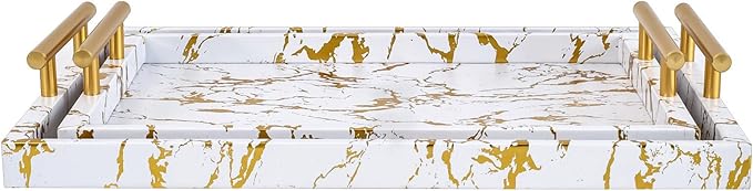 Modern Decorative Tray Set of 2 - White and Gold Marble Wood Serving Tray with Gold Polished Metal Handles for Ottoman, Coffee Table, Bathroom and More - Bloomnest
