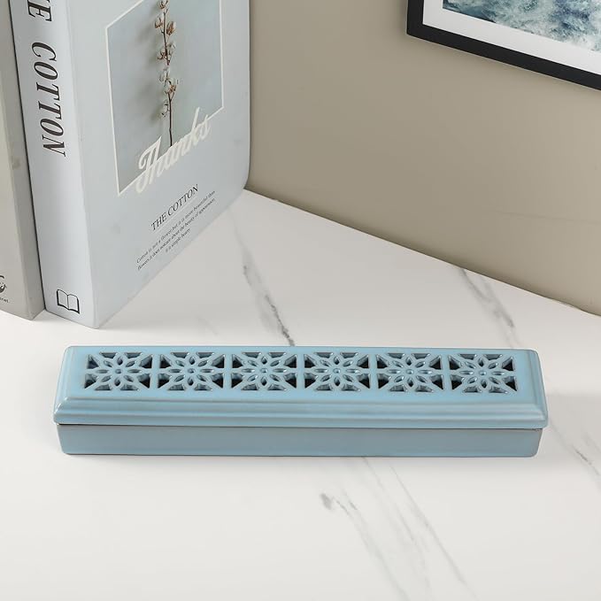 CEREMONY Incense Holder,Ceramic Incense Holder for Sticks with Ash Catcher,Coffin Style Incense Box,Incense Burner for Meditation Yoga Spa Room Decor(Blue) - Bloomnest