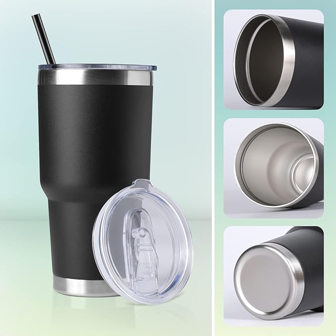 DOMICARE 30oz Tumbler Bulk with Lid and Straw, Double Wall Travel Coffee Mug, Insulated Vacuum Stainless Steel Tumblers, Powder Coated Tumbler Cup (Black, 8) - Bloomnest