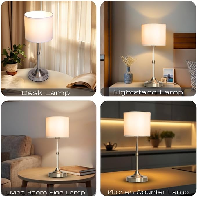 Rechargeable Table Lamp, Cordless Touch Lamps, Portable Desk Light with Stepless Dimmable Brightness & Fabric Shade for Nightstand Bedside Living Room (Silver, Straight) - Bloomnest
