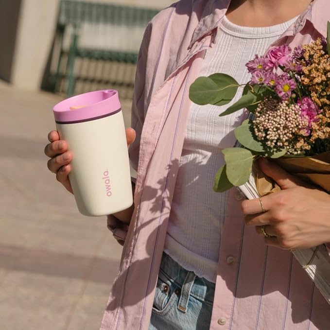 Owala SmoothSip Slider Insulated Stainless Steel Coffee Tumbler, Reusable Iced Coffee Cup, Hot Coffee Travel Mug, BPA Free 12 oz, Pink/Tan (Daybreak) - Bloomnest