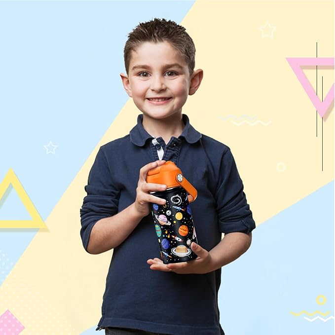 14oz Kids Insulated Water Bottle with Straw Lid - 18/8 Stainless Steel Kid Cup Travel Tumbler Double Wall Vacuum Leak Proof Portable Toddler Water Bottle (Space) - Bloomnest