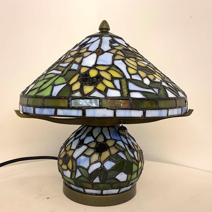 Bieye L10907 Tiffany Style Stained Glass Mushroom-Shaped Double Lit Table Lamp for Home Decor (10-inch, Yellow Sunflower)