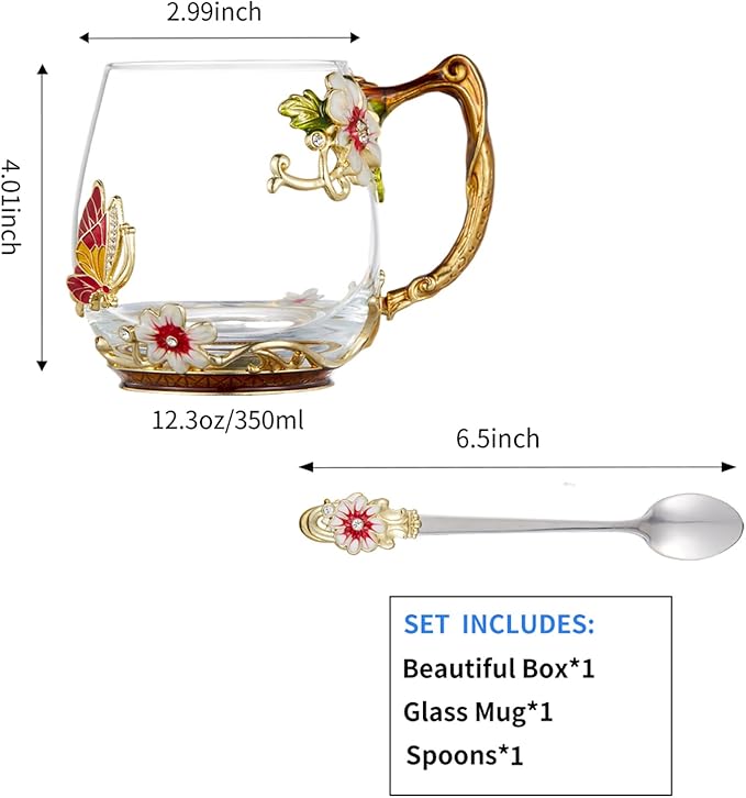 Flower Tea Cup,Clear Glass Fancy Coffee Mug with Spoon,Gift Box for Her Mom Wife Grandma Girls Friends Valentines Christmas Birthday Present Idea for Juice Milk Hot And Cold Drinks Use - Bloomnest