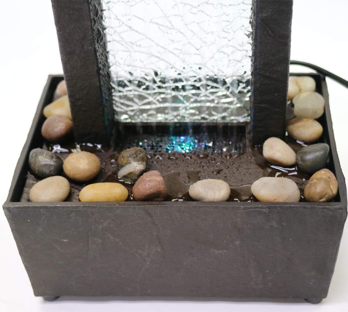 Nature's Mark 10" H Crackled Glass Light Show Tabletop Water Fountain with Natural River Rocks and Color Changing LED Lights (Corded)