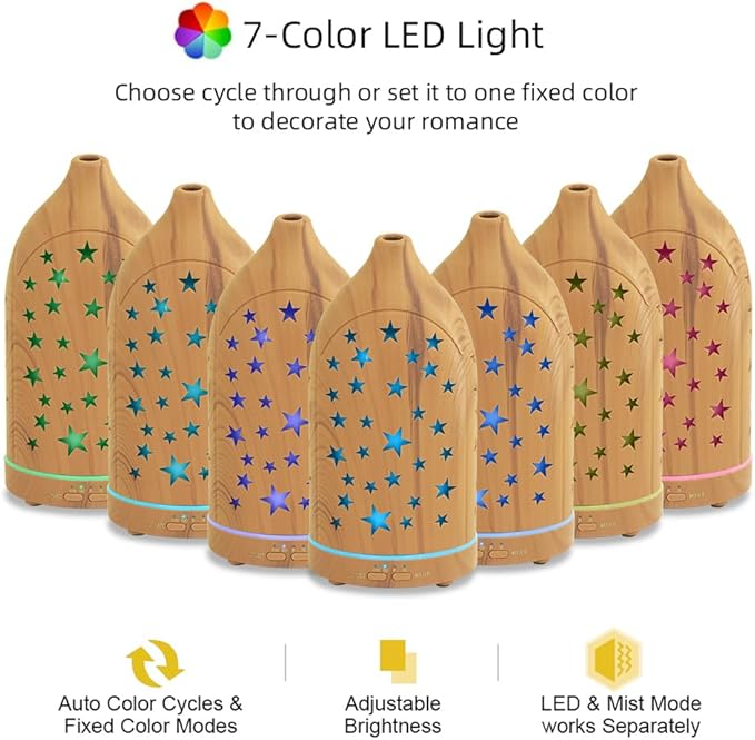 Essential Oil Diffuser,7.1''x3.5'' Diffusers with 3 Aromatherapy Oils Set,Small 200ml Desk Humidifier with 7 LED Colors Night Lights,Waterless Auto-Off for Office Home Decor Gift (Star) - Bloomnest