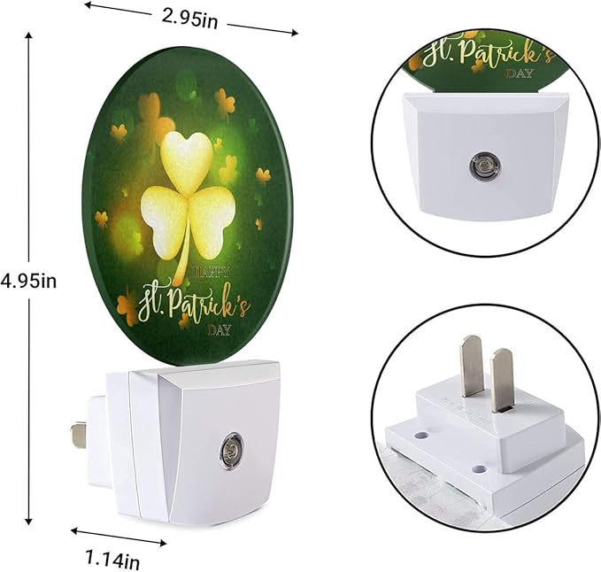 EKOBLA Happy St Patrick Night Lights Plug into Wall Glitter Golden Shamrock Leaves Plug-in Nightlights Home Auto Sensor LED Dusk to Dawn Light for Bedroom Bathroom Kitchen Corridor - Bloomnest