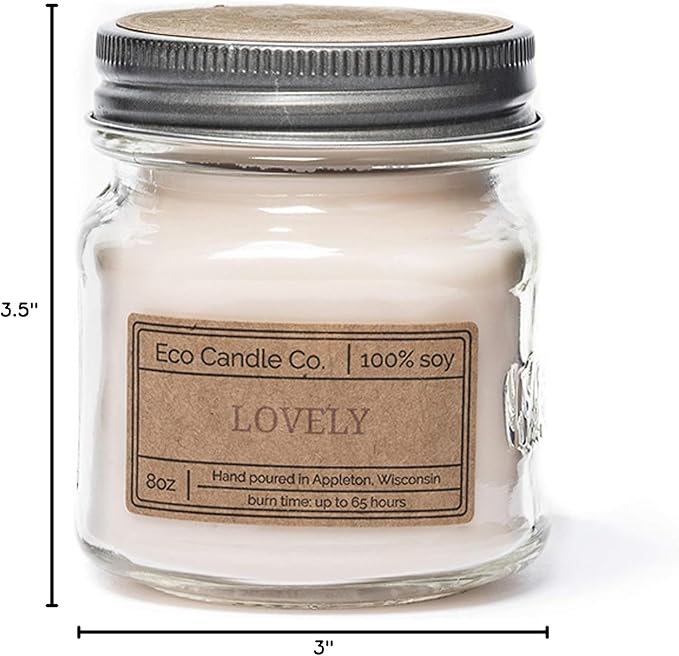 ECO CANDLE CO. Mason Jar Candle, Lovely, 8 oz. - Scents of Lavender, Rosewood, Orchid, Bergamot, Cedarwood, & Musk - 100% Soy Wax, No Lead, Kraft Label & Antiqued Pewter Lid, Hand Made - Bloomnest