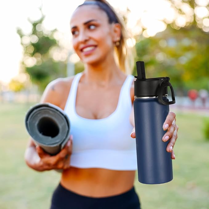 Volhoply 16 OZ Kids Water Bottle Bulk 8 Pack,Insulated Sports Bottles with Straw Lid,Stainless Steel Bottle with Handle Keep Cold & Hot,Double Wall Vacuum Tumbler Cups for School,Girls(Navy, 8) - Bloomnest
