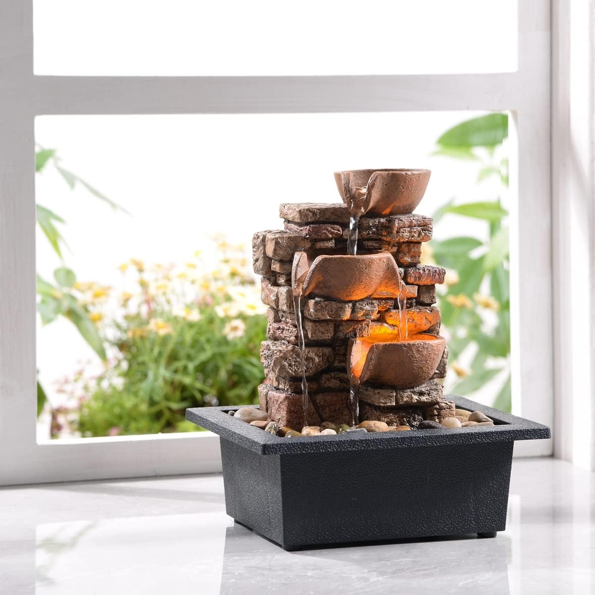 Indoor Tabletop Fountain 3-Tier Rockery Relaxation, Soothing Sound Home/Office/Bed Room Decor,Gifts for Mom/Grandma Relaxing Waterfall Meditation Tabletop Fountain LED Lights