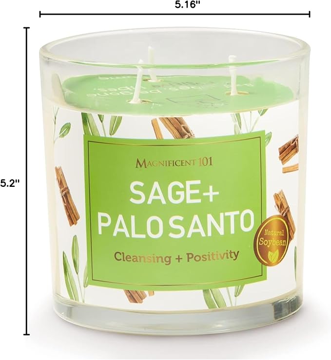 MAGNIFICENT 101 Sage & Palo Santo Candle - 14 Oz - 56 Hr Burn Time - Soy Wax Smudge Candle for Negative Energy Cleansing & Manifestation Magnificent101