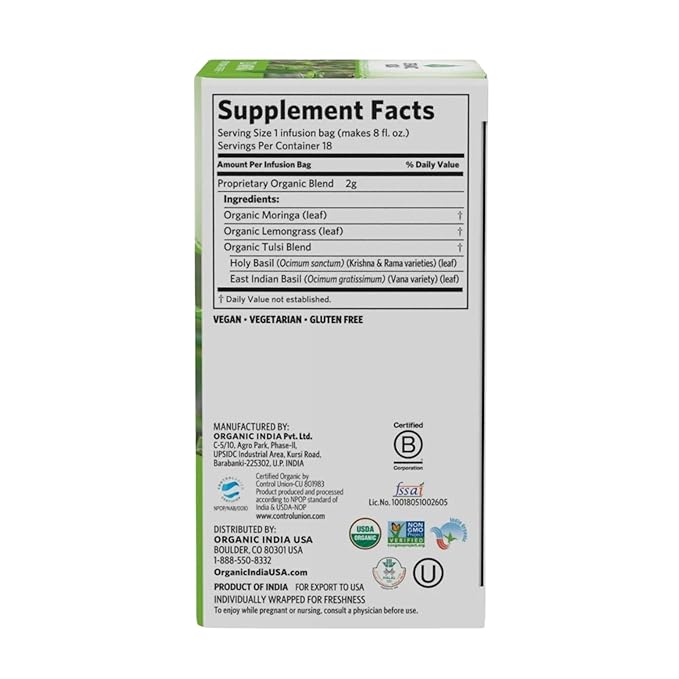 ORGANIC INDIA Tulsi Moringa Tea Bags- Holy Basil, Lemongrass, Moringa Leaves, Calming Immune Support Tea, USDA Organic, Caffeine Free- 18 Bags, 3 Pack - Bloomnest