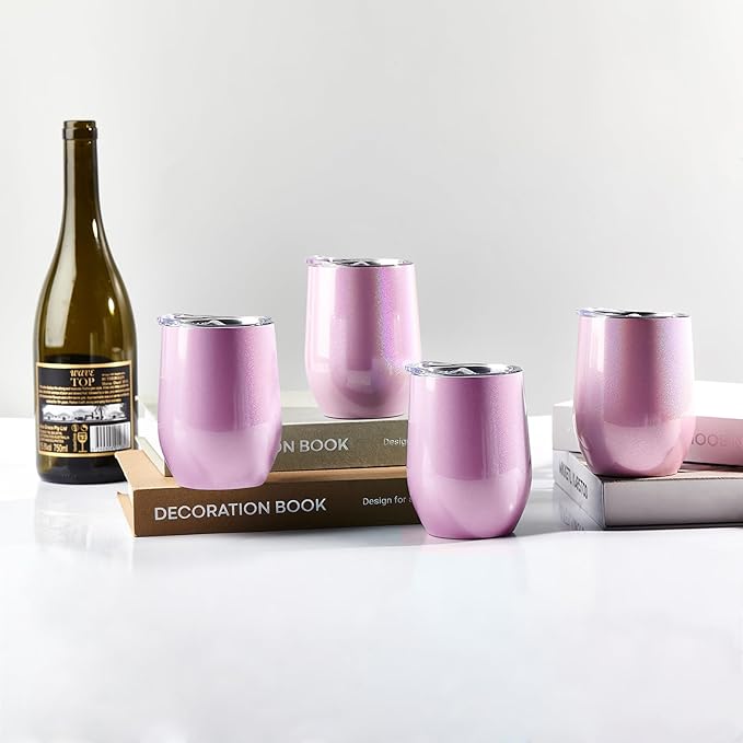 BetterSub 8 Pack 12oz Glitter Pink Wine Tumblers - Double Wall Insulated Sublimation Blanks, Stainless Steel Cups With Lid, Metal Straw, Brush, Display Box - Bloomnest
